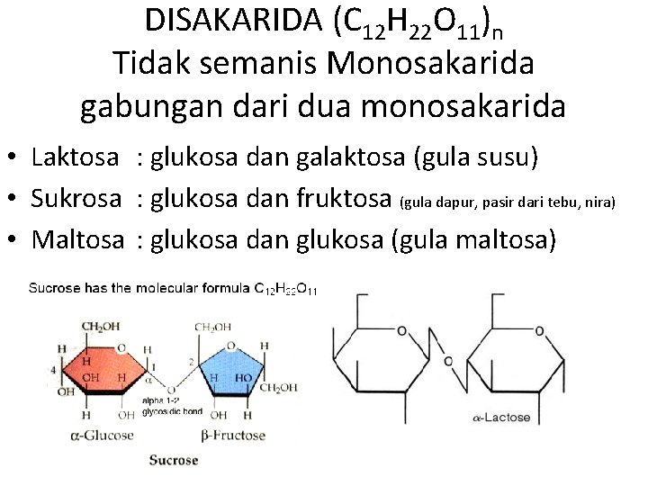 DISAKARIDA (C 12 H 22 O 11)n Tidak semanis Monosakarida gabungan dari dua monosakarida