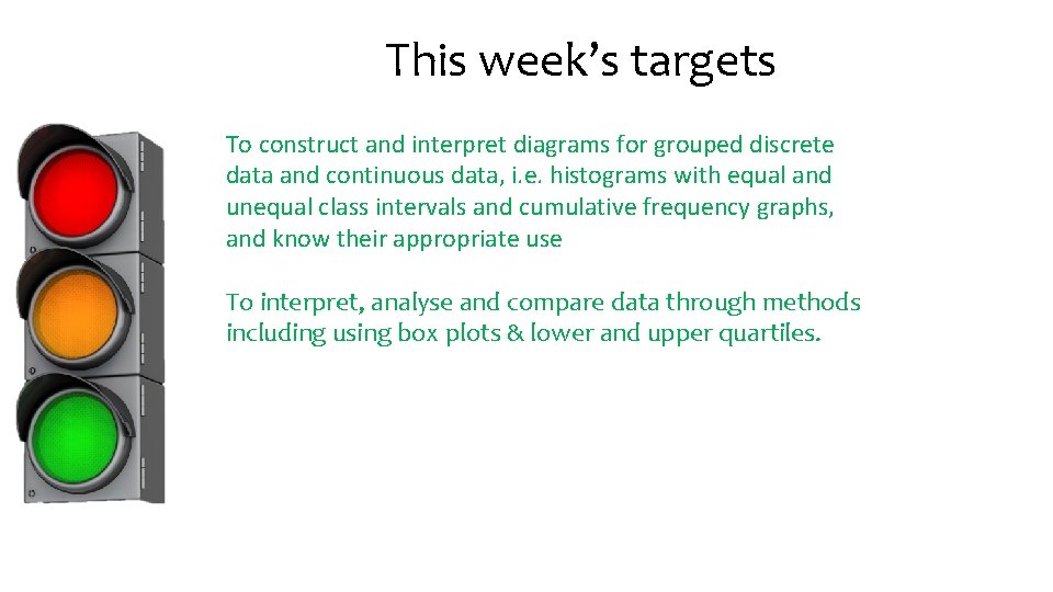 This week’s targets To construct and interpret diagrams for grouped discrete data and continuous