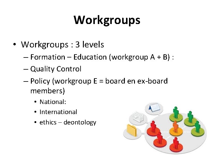 Workgroups • Workgroups : 3 levels – Formation – Education (workgroup A + B)