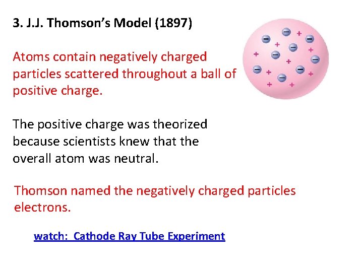 3. J. J. Thomson’s Model (1897) Atoms contain negatively charged particles scattered throughout a