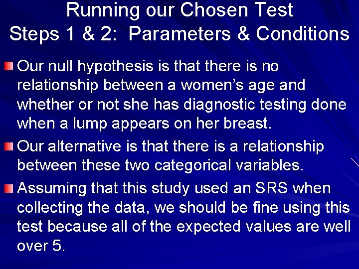 Running our Chosen Test Steps 1 & 2: Parameters & Conditions Our null hypothesis
