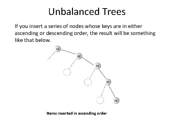 Unbalanced Trees If you insert a series of nodes whose keys are in either