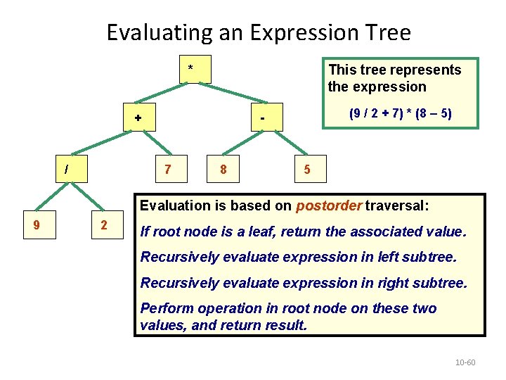 Evaluating an Expression Tree This tree represents the expression * / (9 / 2