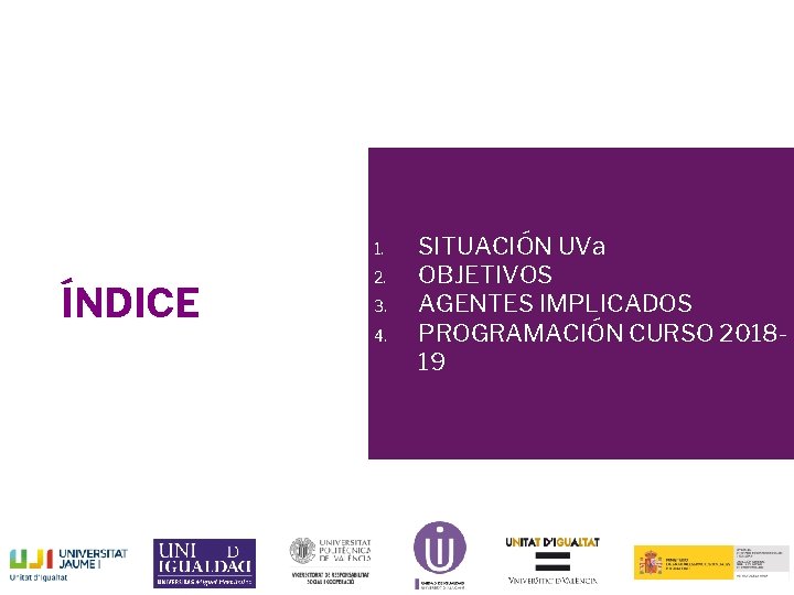 1. ÍNDICE 2. 3. 4. SITUACIÓN UVa OBJETIVOS AGENTES IMPLICADOS PROGRAMACIÓN CURSO 201819 