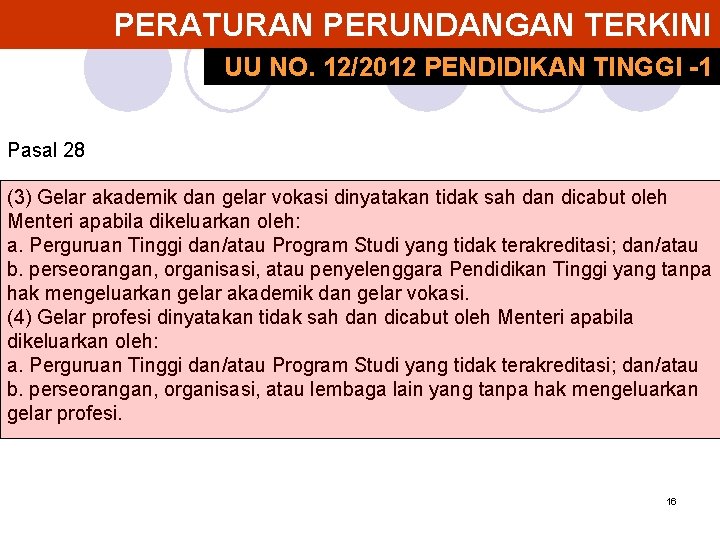 PERATURAN PERUNDANGAN TERKINI UU NO. 12/2012 PENDIDIKAN TINGGI -1 Pasal 28 (3) Gelar akademik