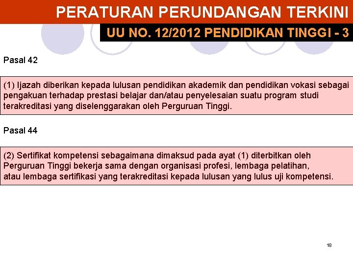 PERATURAN PERUNDANGAN TERKINI UU NO. 12/2012 PENDIDIKAN TINGGI - 3 Pasal 42 (1) Ijazah