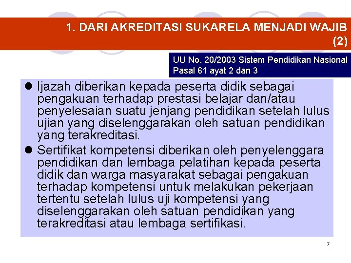 1. DARI AKREDITASI SUKARELA MENJADI WAJIB (2) UU No. 20/2003 Sistem Pendidikan Nasional Pasal