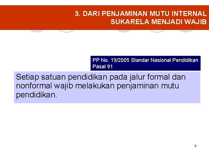 3. DARI PENJAMINAN MUTU INTERNAL SUKARELA MENJADI WAJIB PP No. 19/2005 Standar Nasional Pendidikan