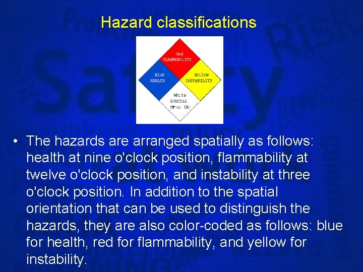 Hazard classifications • The hazards are arranged spatially as follows: health at nine o'clock