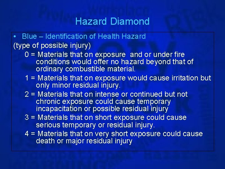 Hazard Diamond • Blue – Identification of Health Hazard (type of possible injury) 0