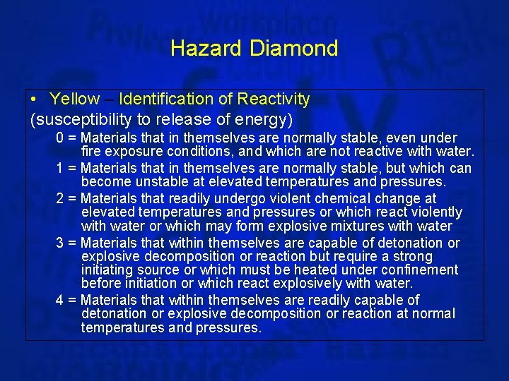 Hazard Diamond • Yellow – Identification of Reactivity (susceptibility to release of energy) 0