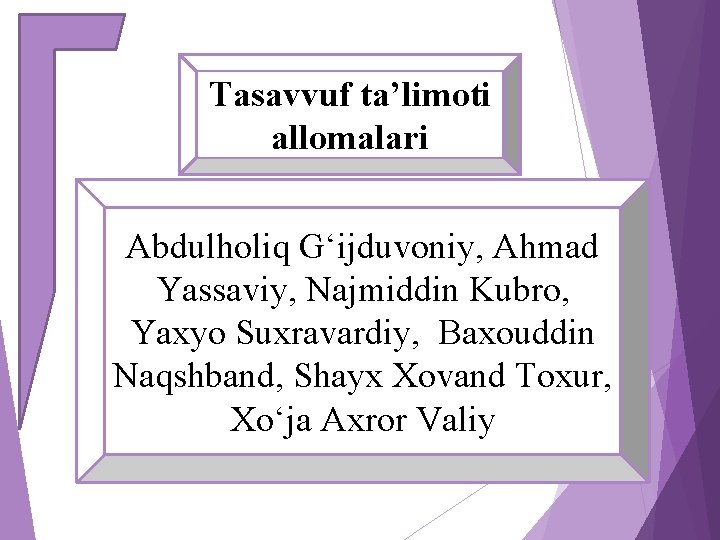 Tasavvuf ta’limoti allomalari Abdulholiq G‘ijduvoniy, Ahmad Yassaviy, Najmiddin Kubro, Yaxyo Suxravardiy, Baxouddin Naqshband, Shayx