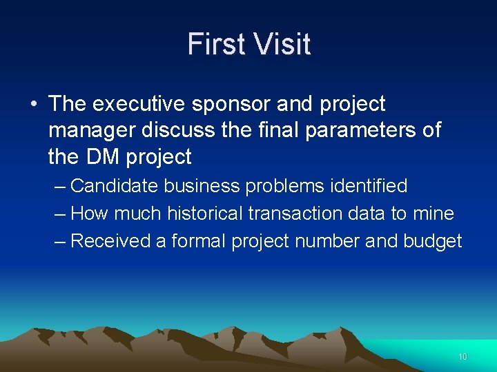 First Visit • The executive sponsor and project manager discuss the final parameters of