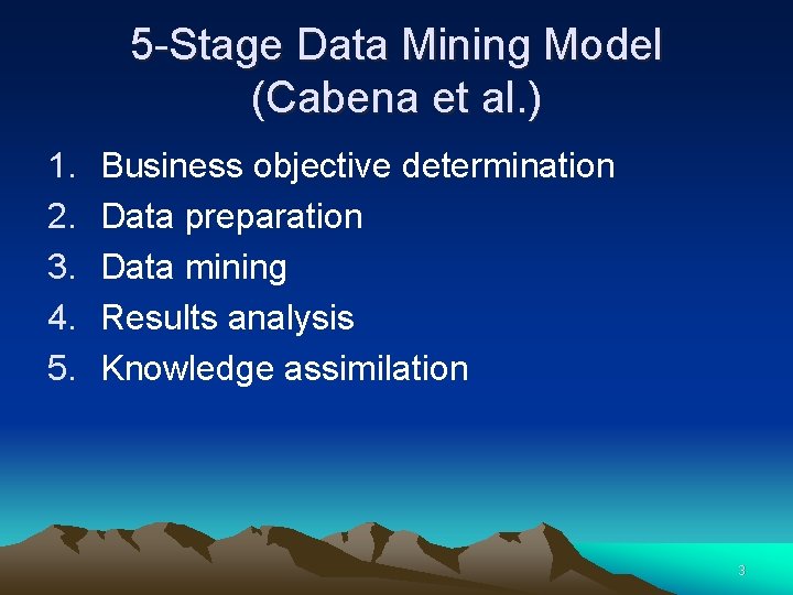 5 -Stage Data Mining Model (Cabena et al. ) 1. 2. 3. 4. 5.
