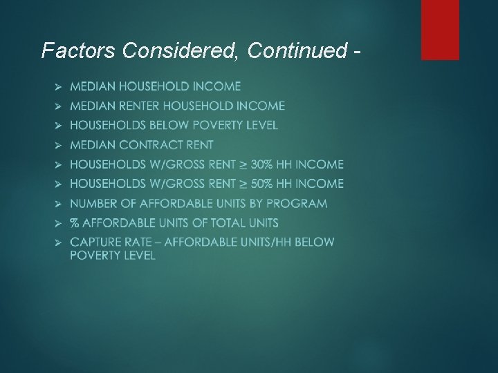 Factors Considered, Continued - 