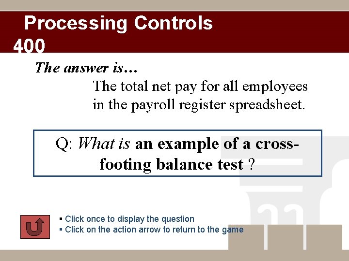 Processing Controls 400 The answer is… The total net pay for all employees in