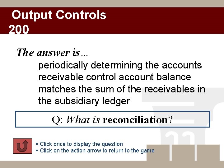 Output Controls 200 The answer is… periodically determining the accounts receivable control account balance