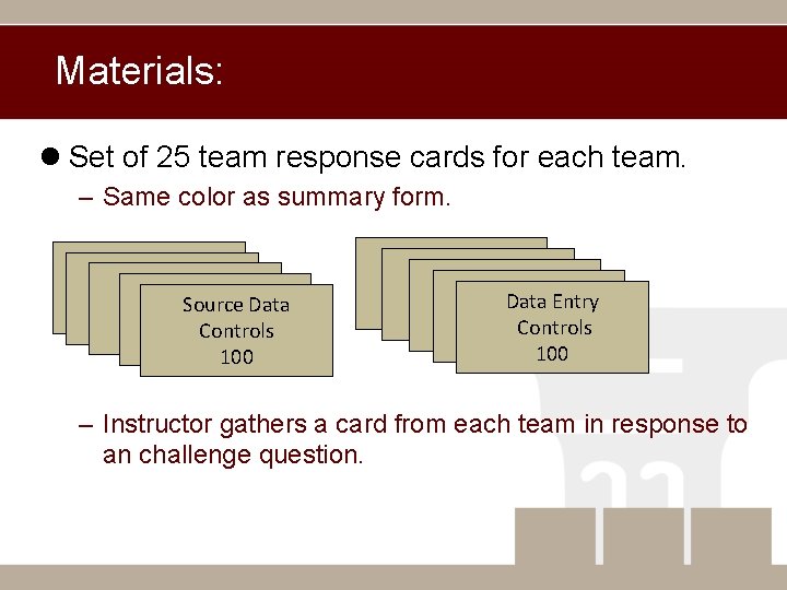 Materials: l Set of 25 team response cards for each team. – Same color