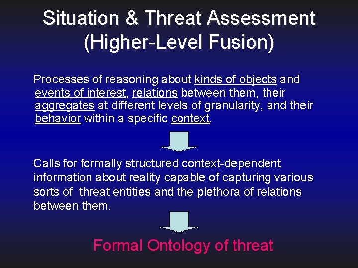 Situation & Threat Assessment (Higher-Level Fusion) Processes of reasoning about kinds of objects and