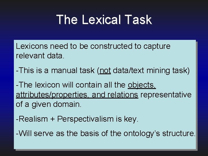The Lexical Task Lexicons need to be constructed to capture relevant data. -This is