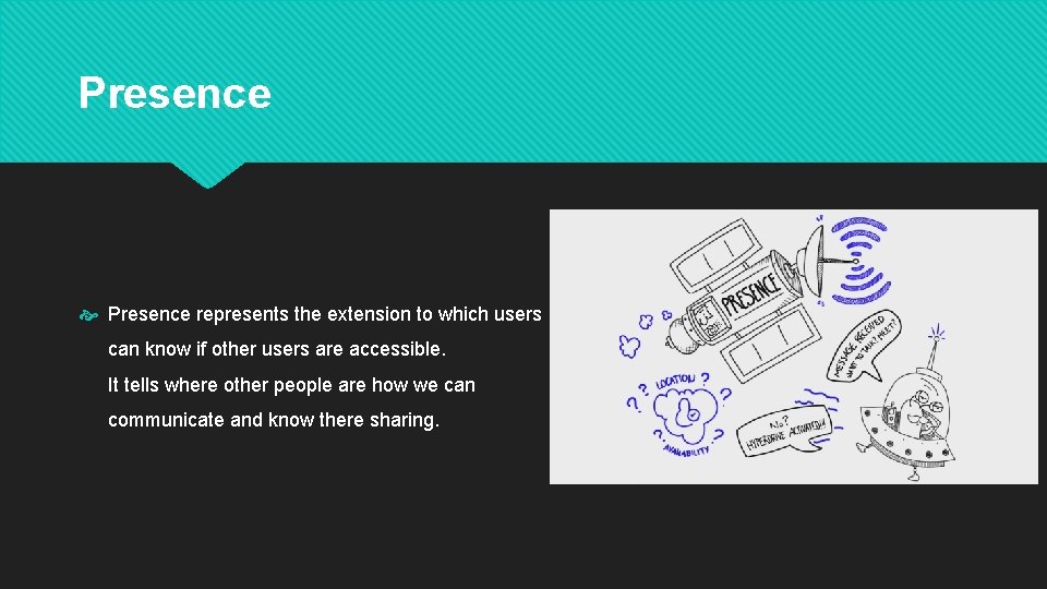 Presence represents the extension to which users can know if other users are accessible.