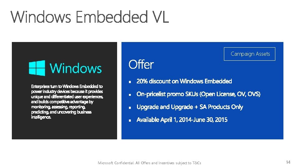 Campaign Assets Microsoft Confidential. All Offers and Incentives subject to T&Cs 14 