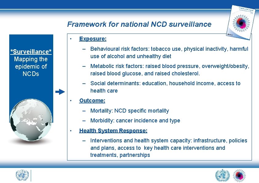 Framework for national NCD surveillance • Exposure: – Behavioural risk factors: tobacco use, physical