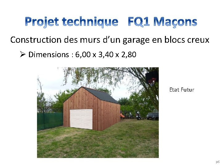 Construction des murs d’un garage en blocs creux Ø Dimensions : 6, 00 x
