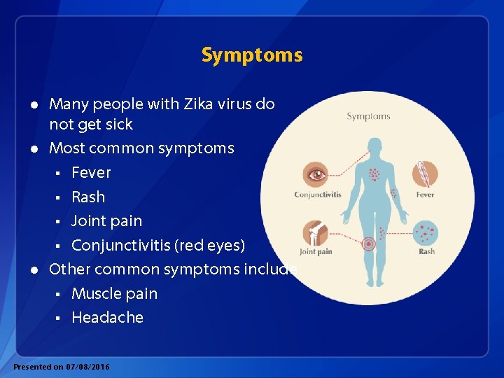 Symptoms l l l Many people with Zika virus do not get sick Most