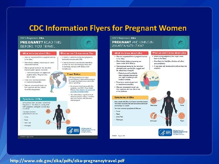 CDC Information Flyers for Pregnant Women http: //www. cdc. gov/zika/pdfs/zika-pregnancytravel. pdf 