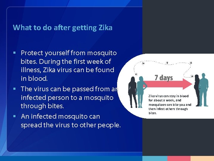 What to do after getting Zika § Protect yourself from mosquito bites. During the