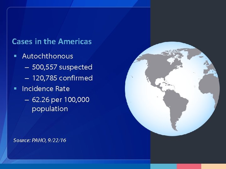 Cases in the Americas § Autochthonous – 500, 557 suspected – 120, 785 confirmed