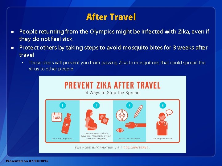 After Travel l l People returning from the Olympics might be infected with Zika,