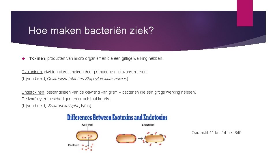 Hoe maken bacteriën ziek? Toxinen, producten van micro-organismen die een giftige werking hebben. Exotoxinen,