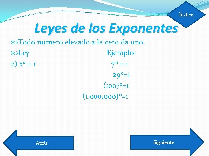 Índice Leyes de los Exponentes Todo numero elevado a la cero da uno. Ley