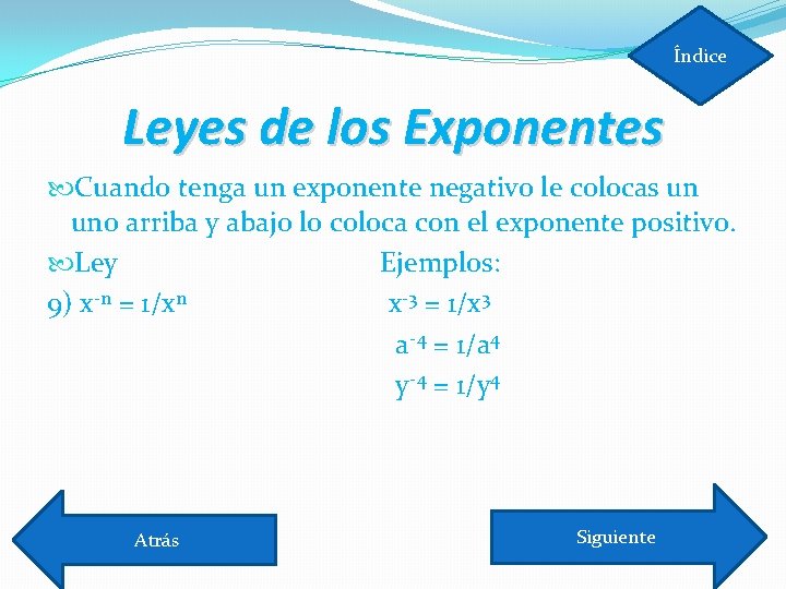 Índice Leyes de los Exponentes Cuando tenga un exponente negativo le colocas un uno