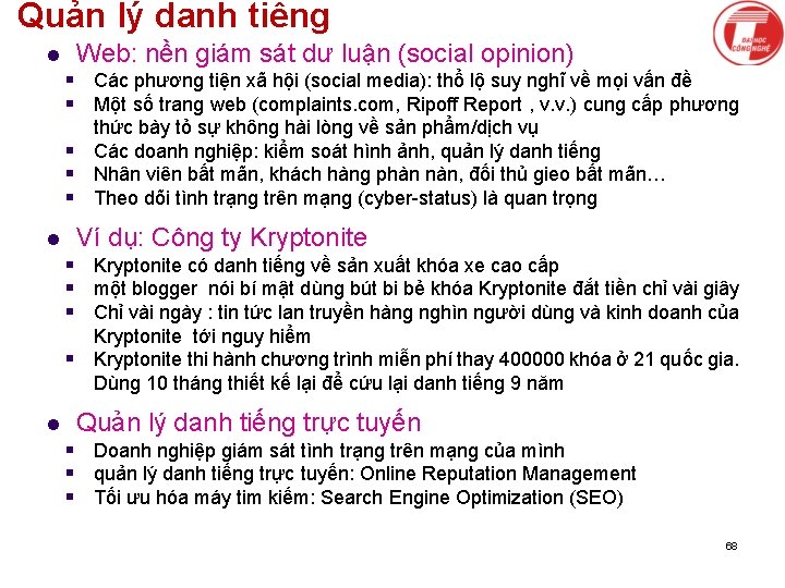 Quản lý danh tiếng l Web: nền giám sát dư luận (social opinion) §