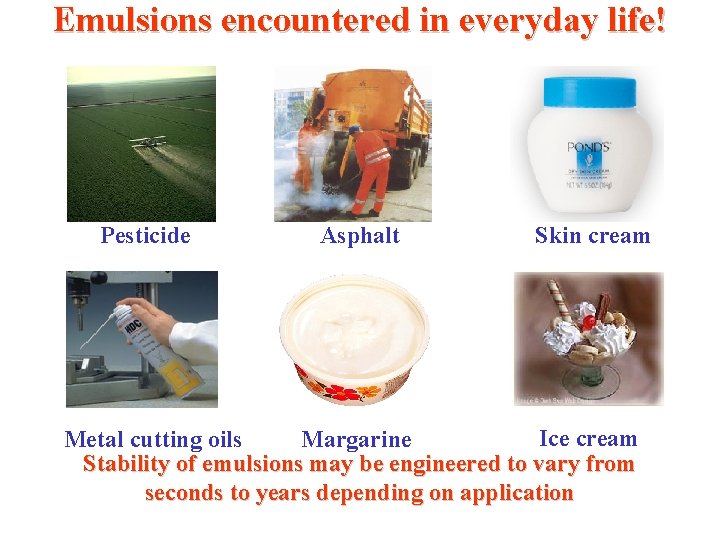 Emulsions encountered in everyday life! Pesticide Asphalt Skin cream Ice cream Metal cutting oils