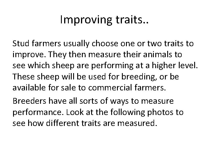 Improving traits. . Stud farmers usually choose one or two traits to improve. They