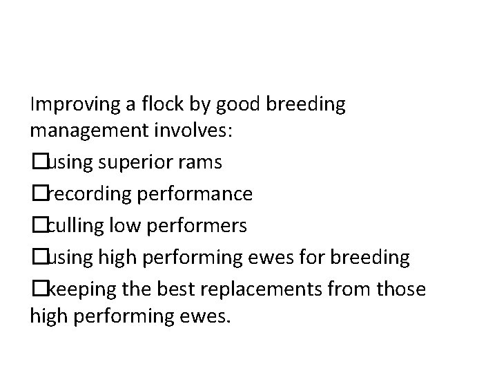 Improving a flock by good breeding management involves: �using superior rams �recording performance �culling