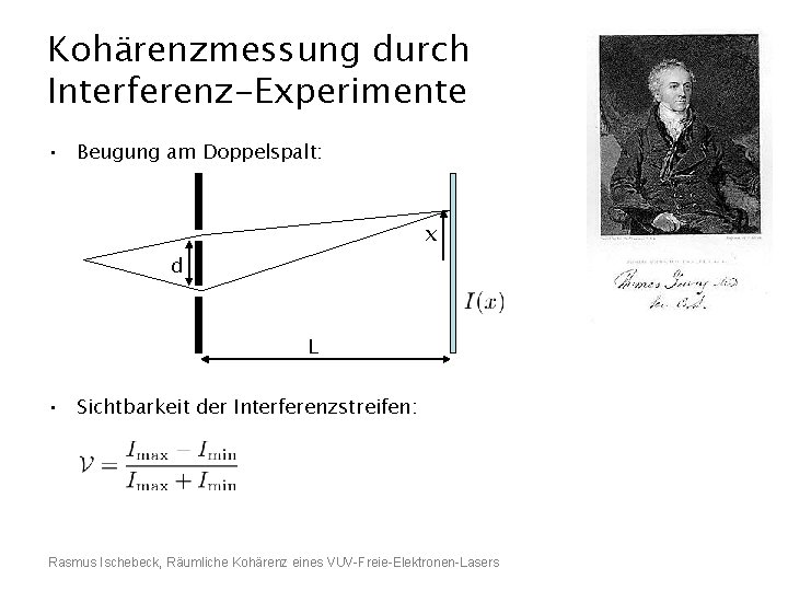 Kohärenzmessung durch Interferenz-Experimente • Beugung am Doppelspalt: x d L • Sichtbarkeit der Interferenzstreifen: