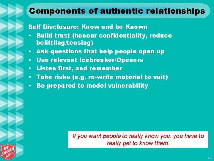 Components of authentic relationships Self Disclosure: Know and be Known • Build trust (honour