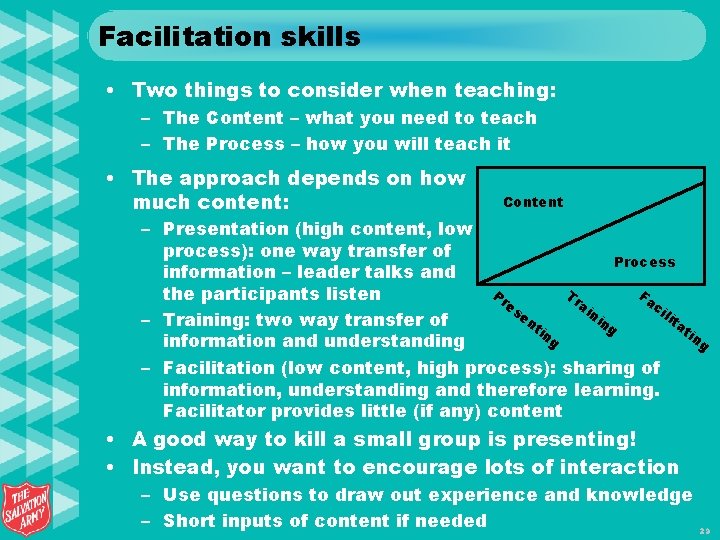 Facilitation skills • Two things to consider when teaching: – The Content – what