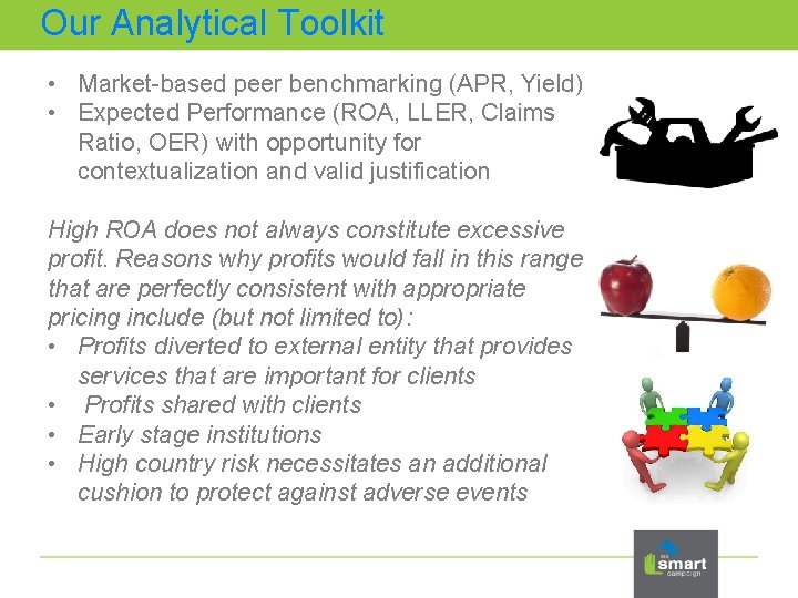 Our Analytical Toolkit • Market-based peer benchmarking (APR, Yield) • Expected Performance (ROA, LLER,