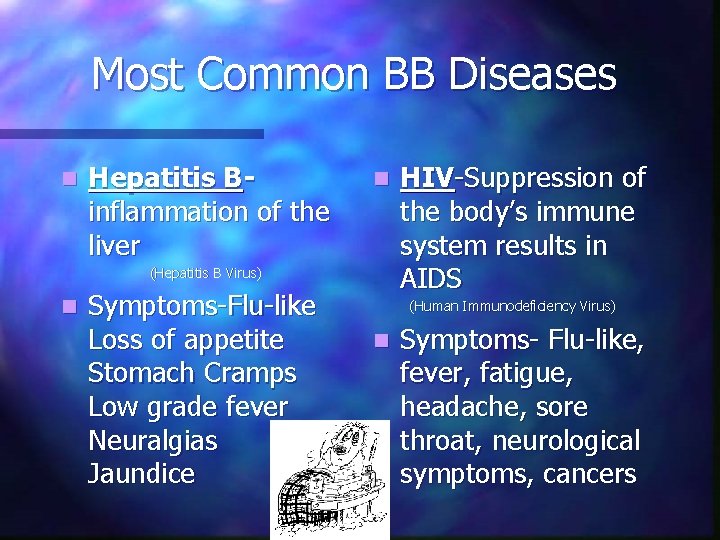 Most Common BB Diseases n Hepatitis Binflammation of the liver n (Hepatitis B Virus)
