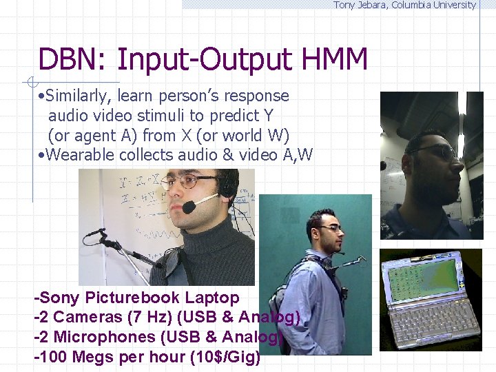 Tony Jebara, Columbia University DBN: Input-Output HMM • Similarly, learn person’s response audio video