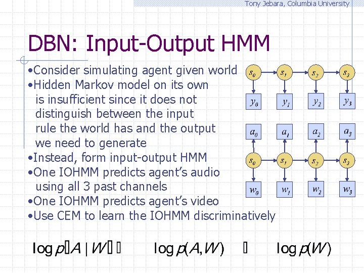 Tony Jebara, Columbia University DBN: Input-Output HMM • Consider simulating agent given world •