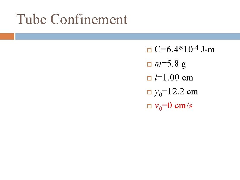 Tube Confinement C=6. 4*10 -4 J-m m=5. 8 g l=1. 00 cm y 0=12.