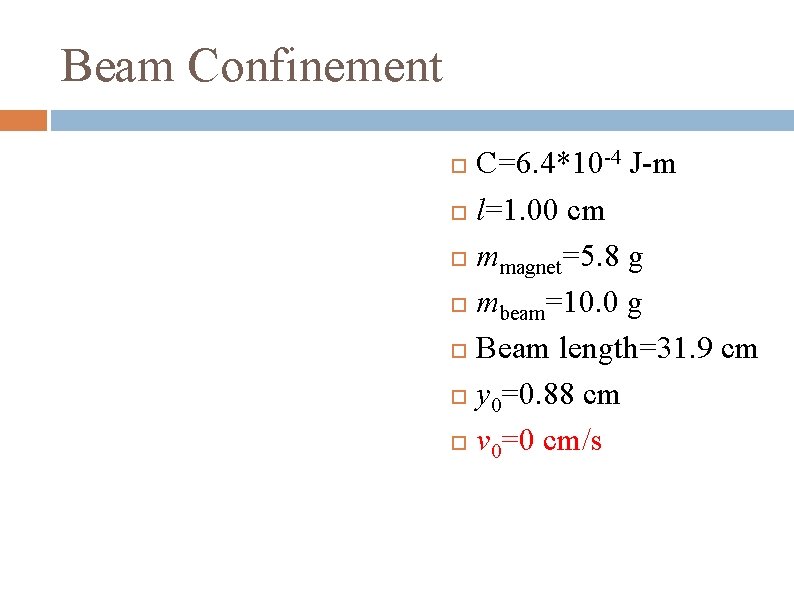 Beam Confinement C=6. 4*10 -4 J-m l=1. 00 cm mmagnet=5. 8 g mbeam=10. 0