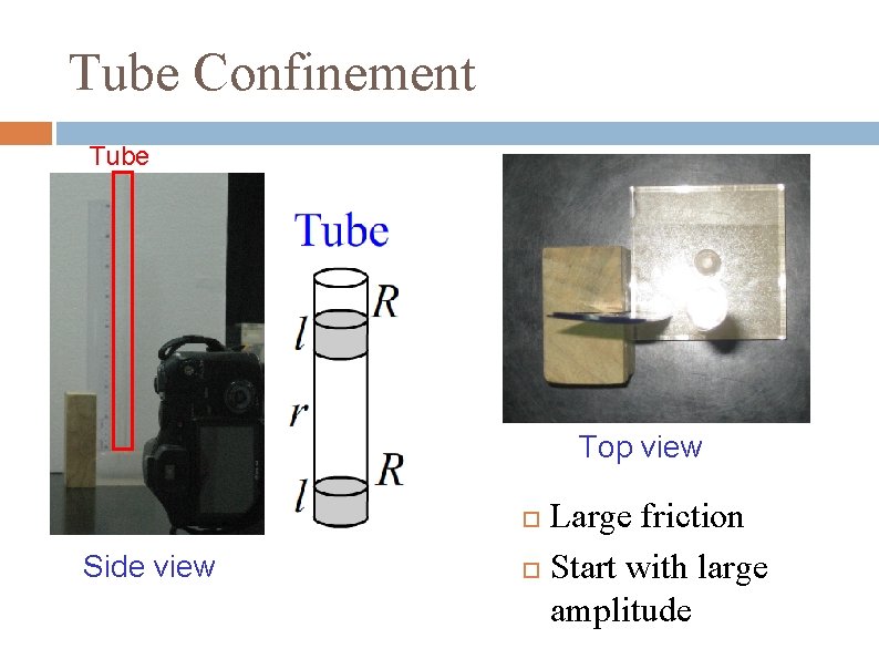 Tube Confinement Tube Top view Large friction Start with large amplitude Side view 